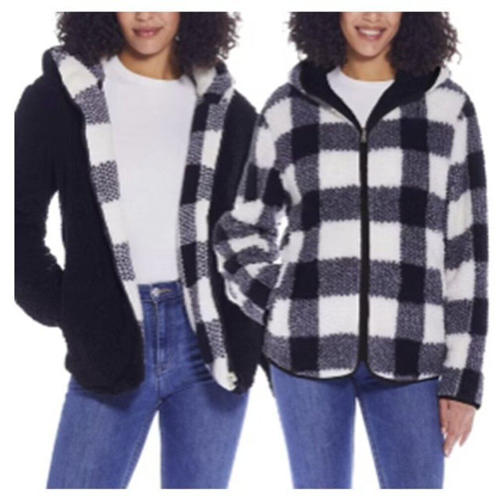 Weatherproof New Women's Reversible Ultra Cozy Plush Fleece Hooded Plaid Jacket